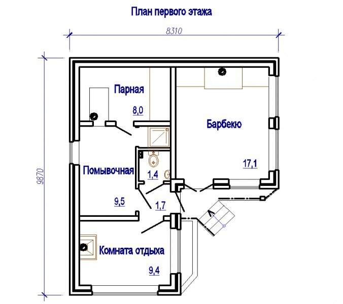 Проект бани из газобетона с террасой и барбекю, схема, цена строительства